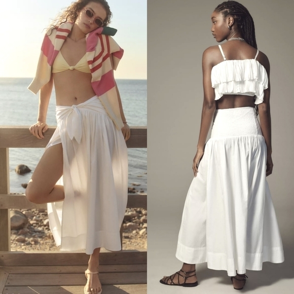 Anthropologie Poplin Tie Front Side Slit Midi Skirt in White Sz 1X and 3X NWT - Picture 1 of 11